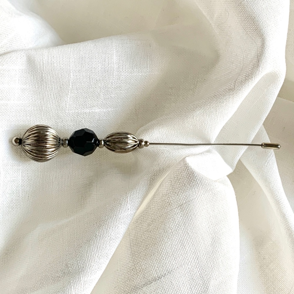 Vintage Silver Tone Hat Pin | Black Faceted Glass Bead | Edwardian Style Pin
